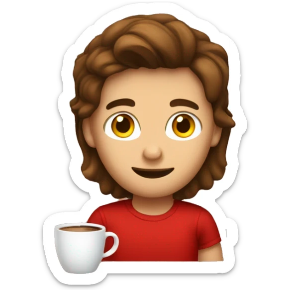barista boy in a red t-shirt with long brown hair, with a cup of coffee in a hand sticker