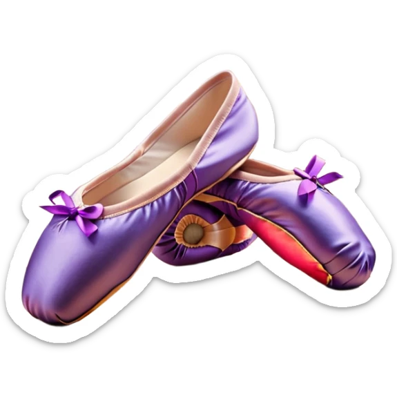 cinematic-realistic-ballet-shoes,-soft-satin-purple-pointe-shoes-with-delicate-ribbons,-resting-gently-on-a-polished-wooden-floor,-subtle-creases-in-the-fabric,-glowing-under-the-warm-golden-light-of-a-rehearsal-studio,-evoking-ele sticker