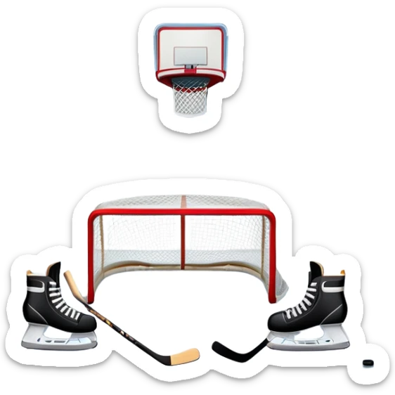 An icon showing a hockey stick, puck, skates, and goalposts on the ice. The background features a large hockey stadium with cheering fans, bright lights, and a snowy landscape visible through the arena. Transparent background highlights the main hockey equipment and atmosphere. sticker