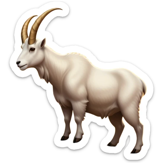 A detailed emoji-style illustration of a majestic mountain goat standing on top of a rugged mountain peak. The goat has large, curved horns and a strong stance, with a scenic background of a golden sunset. The image should capture the silhouette effect while maintaining expressive and cute emoji-like details sticker