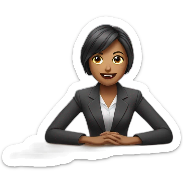 Woman wearing a suit sitting on the table telling the news towards the camera sticker