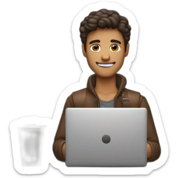 un chico con pelo marron texturizao, con una mano escribiendo en una laptop de windows, y con la otra mano agarrando un paliz, y que en sue escritorio tenga dinero y un cuaderno sticker