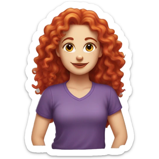 white girl with long red curly hair, wearing a rainbow cat shirt doing a pose sticker