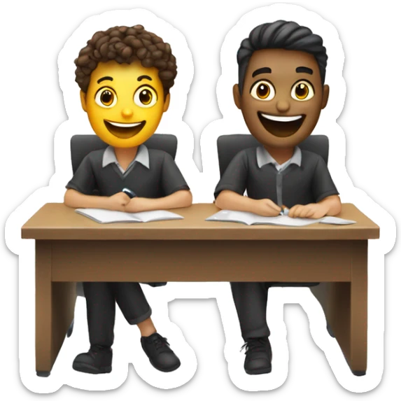 3 European students sitting at desk. They are laughing at lesson sticker