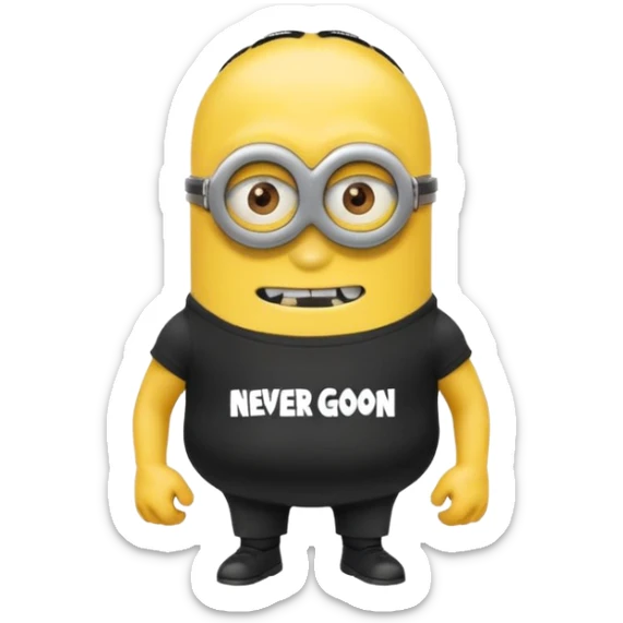 A buff minion wearing a black t shirt top with the words “never GOON” on the shirts chest area sticker