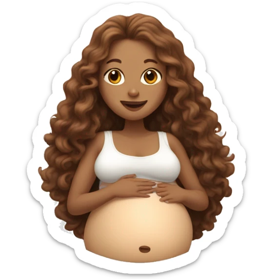 Pregnant white lady with long, brown, curly hair holding her belly sticker