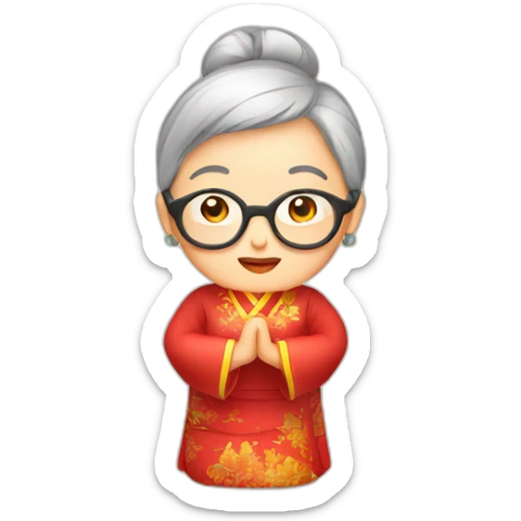 Chinese seniors lady wear Chinese traditional dress wear glasses show appreciation sign sticker