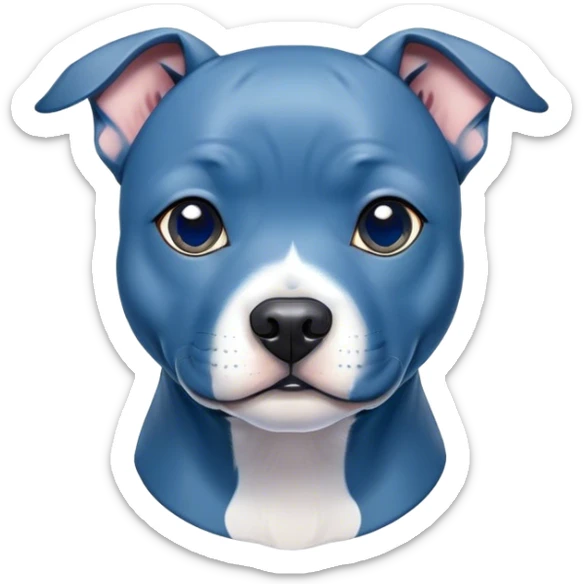 Cinematic Cute Blue Staffordshire Bull Terrier Portrait Emoji, Head tilted playfully and inquisitively, featuring a glossy blue Fur with a healthy sheen, round, sparkling dark eyes filled with curiosity, Simplified yet irresistibly adorable features, highly detailed, glowing with a warm, friendly glow, high shine, affectionate and spirited, stylized with a touch of whimsy, bright and endearing, soft glowing outline, capturing the essence of a mischievous yet loving pup, so playful it feels like it could bound out of the screen and into your arms! sticker