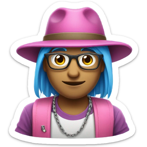 cool young IT specialist in a Panama hat, glasses and a chain. blue hair, pink t-shirt sticker