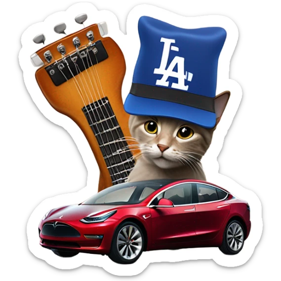 Cat play guitar with Jordan’s and a dodgers hat on top of a Tesla model 3 sticker