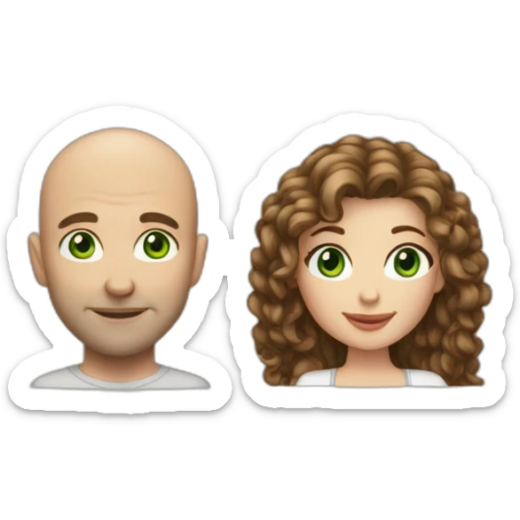 caucasian bald man with green eyes and a caucasian woman with long curly dark hair and brown eyes in love sticker