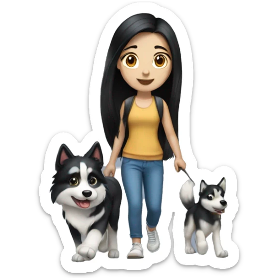Long black hair pale girl walking husky dog sticker