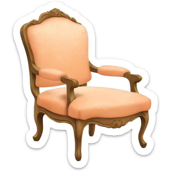 Vintage French chair with peach, curly fur on the seat and a vintage peach and white floral on the top in a natural wood frame sticker