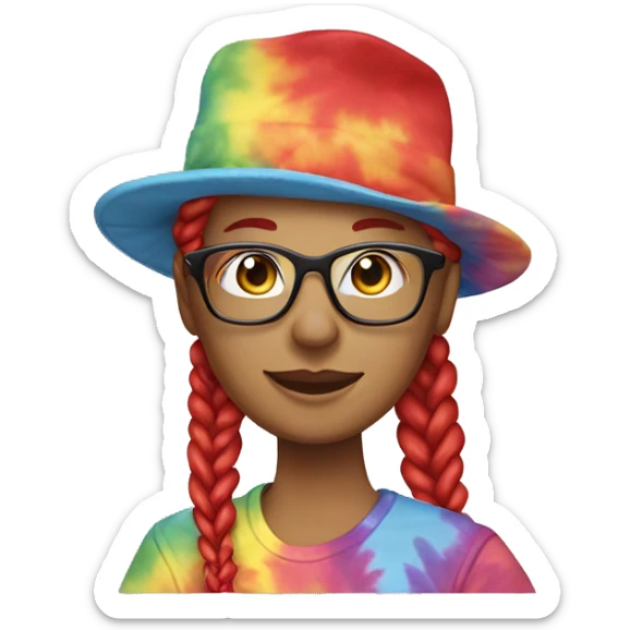 gardening hat lady with two red and blonde braids and tie-dye t-shirt and glasses sticker