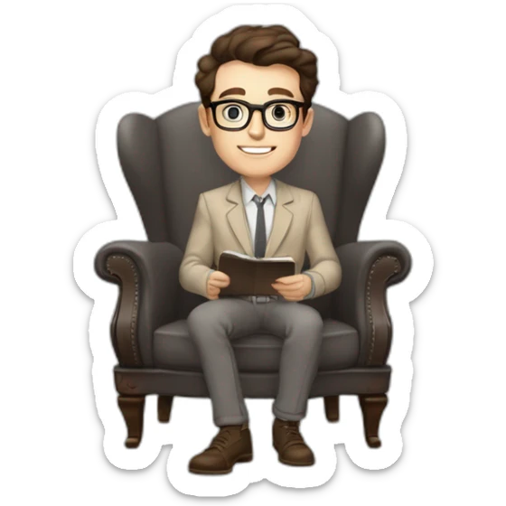 Pale skinned Fit Man With dark brown hair in gray jacket, beige office shirt, Brown pants and vintage glasses sitting In a soft chair with a notebook on spring with emblem Ψ and a pen sticker