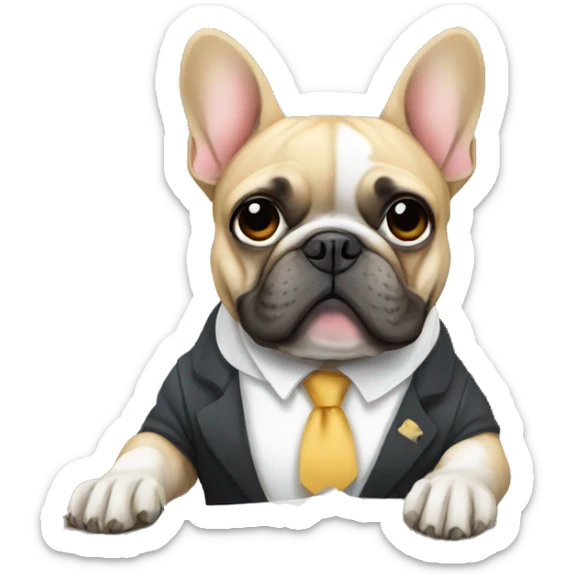 a french bulldog, sitting in a desk, working in a company sticker