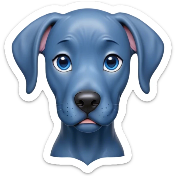 Cinematic Cute Blue Great Dane Portrait Emoji, Head tilted playfully and inquisitively, featuring a glossy blue Fur with a refined sheen, round, sparkling steel-blue eyes filled with curiosity, Simplified yet irresistibly adorable features, highly detailed, glowing with a warm, friendly glow, high shine, affectionate and gentle, stylized with a touch of whimsy, bright and endearing, soft glowing outline, capturing the essence of a mischievous yet loving pup, so playful it feels like it could lumber out of the screen and into your arms! sticker