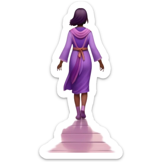 A small figure walks back across a foggy bridge, holding soft pink and purple orbs in each hand—symbolizing compassion and forgiveness. A gentle heart aura trails behind them, showing healing in motion. sticker
