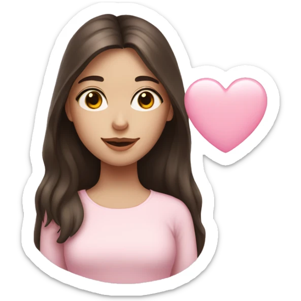 Brunette girl, white skin, holding a small pale pink heart  sticker
