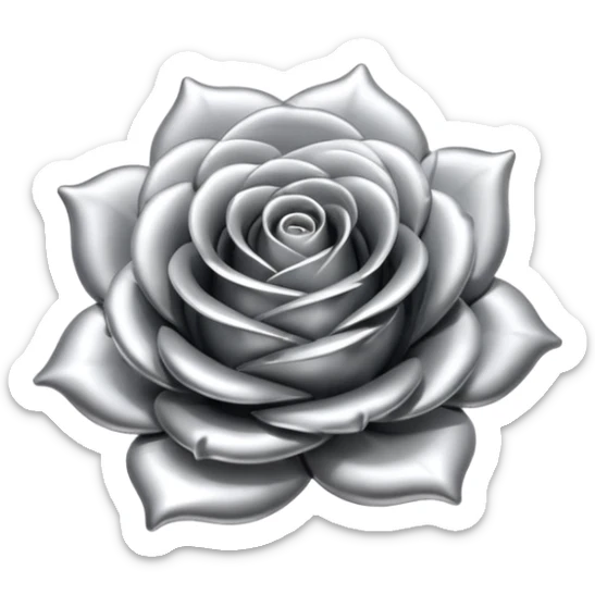 A rose emoji made of liquid silver metal, smooth metallic petals, reflective chrome surface, soft gradients, elegant shape, minimalistic iOS emoji style, centered, clean white background, realistic highlights, no text sticker