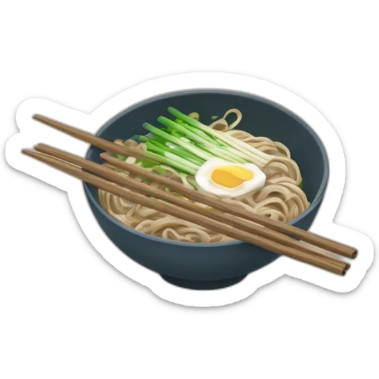 bowl of japanese buckwheat soba noodles with two chopsticks and spring onions sticker