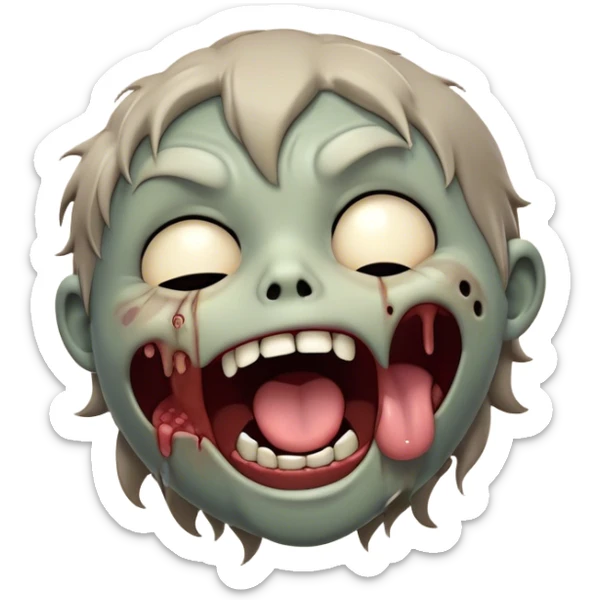 Cinematic Cute Yawning Zombie Portrait Emoji, with a delightfully quirky, slightly disheveled face in muted ashen tones, head tilted back in a big, funny yawn that reveals quirky stitches and playful gaps, simplified yet irresistibly charming, highly detailed with a soft, eerie glowing outline capturing the sleepy, offbeat vibe of a zombie taking a nap! sticker
