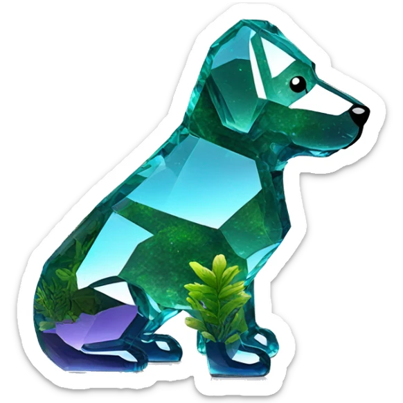 A dog made entirely of glass mirror crystals prisms glass transparent filled with plants as a terrarium sticker