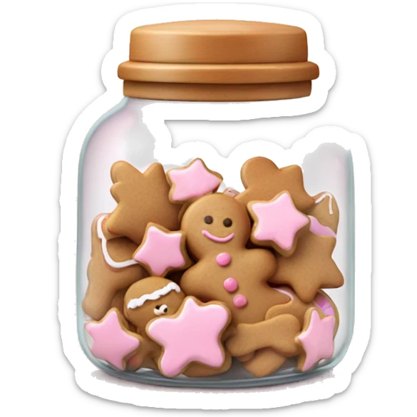 Realistic glass cookie jar with light pink lid full of gingerbread cookies isolated.  sticker