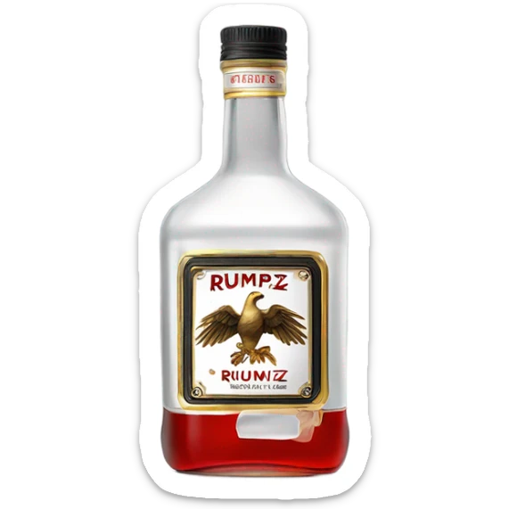 clear bottle of rumpleminze clear alcohol with a label that black with red border and font that has a small gold eagle on the label that says “RUMPZ” sticker