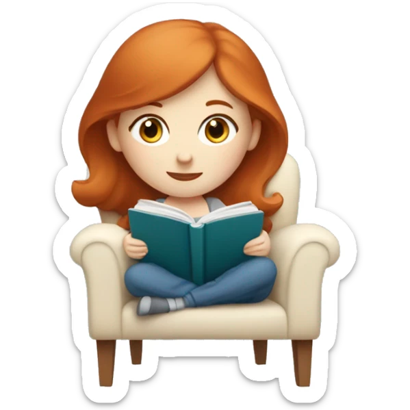 Redhead girl with pale skin and blue eyes sitting in chair with a blanket reading a book sticker