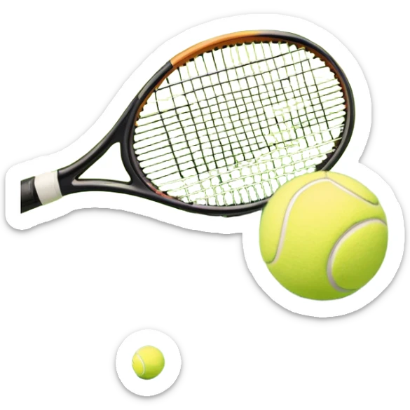 A tennis racket and a ball placed on a grassy court, with the net visible in the background. The scene captures the elegance and energy of the sport, with a vibrant green court and soft sunlight highlighting the equipment. sticker