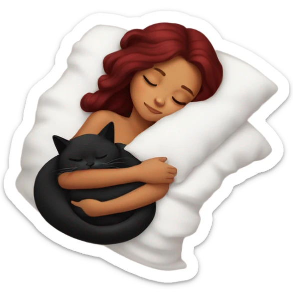 tanned girl long burgundy hair sleeping with black kitty sticker