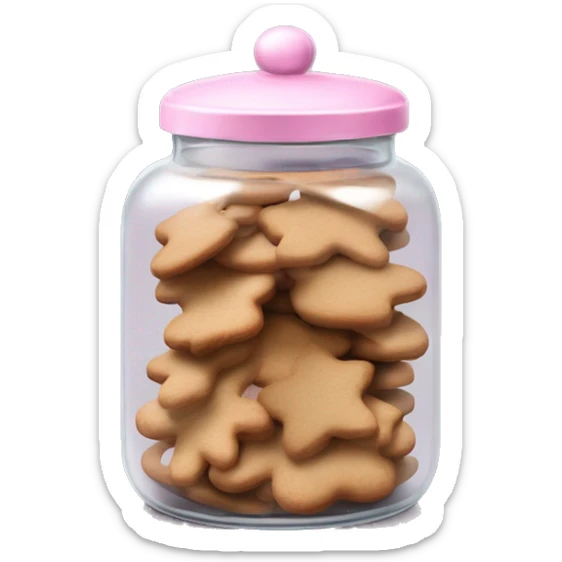Realistic glass cookie jar with light pink lid full of gingerbread cookies isolated.  sticker