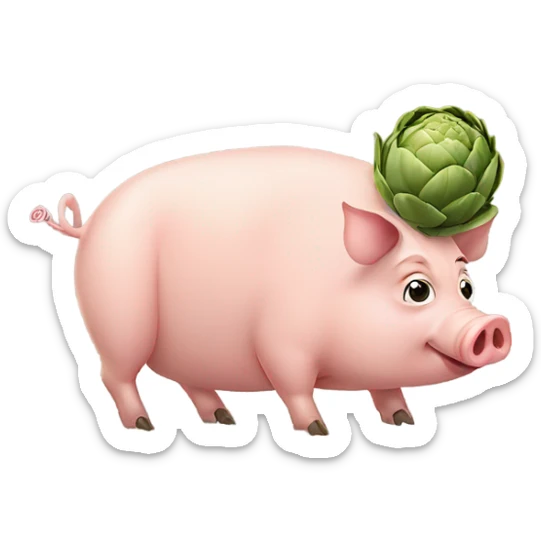 A pig looking at a artichoke the pigs face looks like be wants to eat the artichoke on the ground sticker