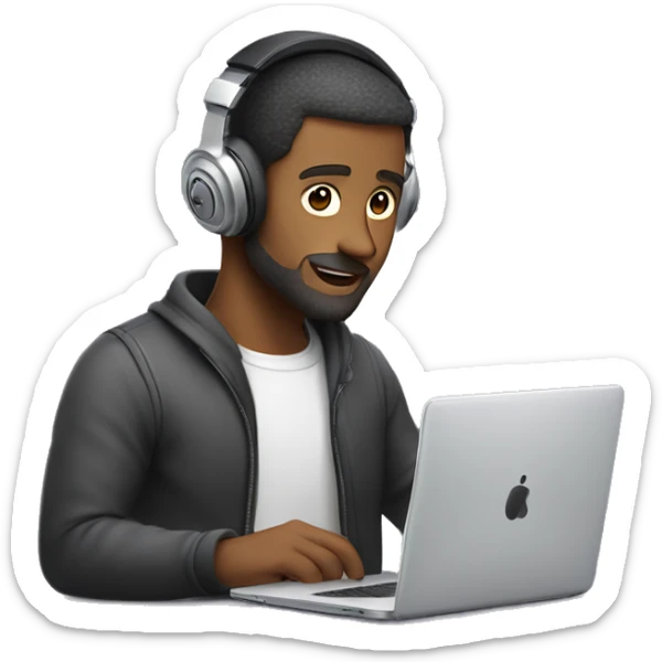 man in headphones talking hold laptop and phone only upper part of body  sticker