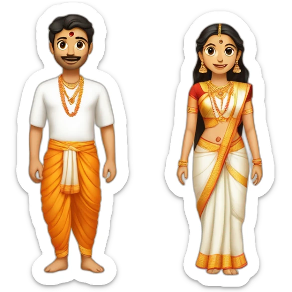 a hindu couple (male - fair, in late 20s, wearing traditional dhoti with tilak and janeyu), female (early 20s, short and fair, wearing traditional and bindi)  sticker