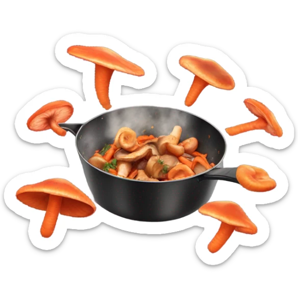 mushroom, carrots steak pieces   in pan in air, tossed in the air  sticker