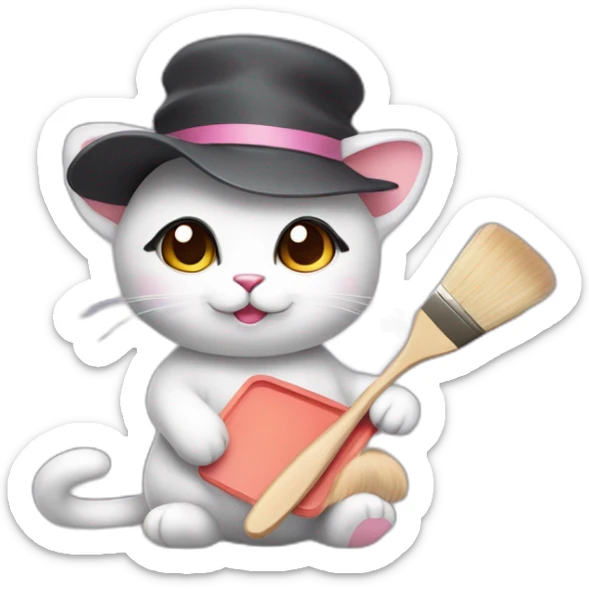 Kawaii cat artist in hat holding palette and brush so it can be used as a mouse cursor sticker