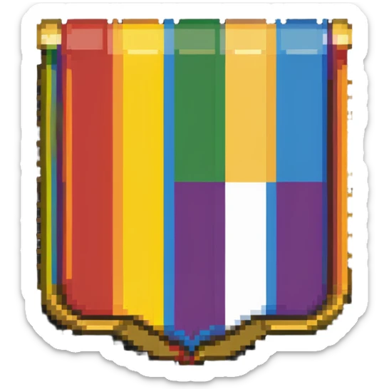 LGBT pride flag emblem, 40x40 pixels, gold border, rainbow stripes, Habbo Hotel badge style sticker