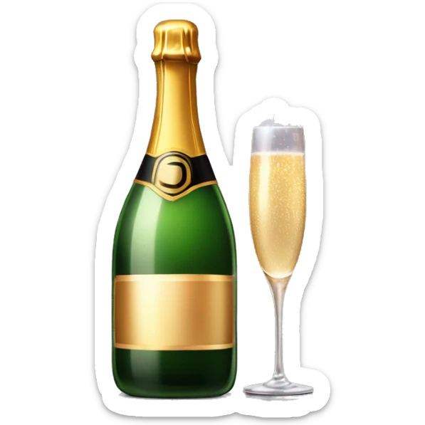 Realistic glam bottle of champagne with a glass next to with a lit sparkler firework in the glass with it sticker