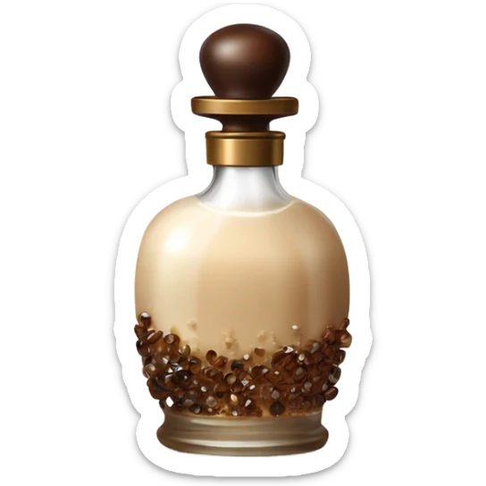 Antique parfumerie bottle with oil, made of bronze and brown crystals, white cream and coffee milk pour from the bottle sticker