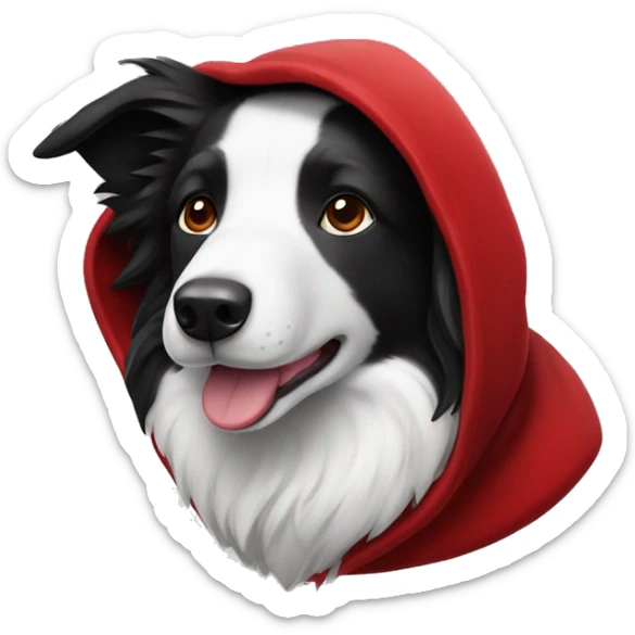 Black and white Border Collie wearing a red velvet hood with white fur trim. sticker
