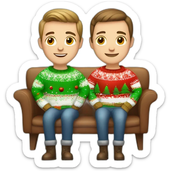 gay couple sitting in christmas sweathers with brown faded haircut sticker