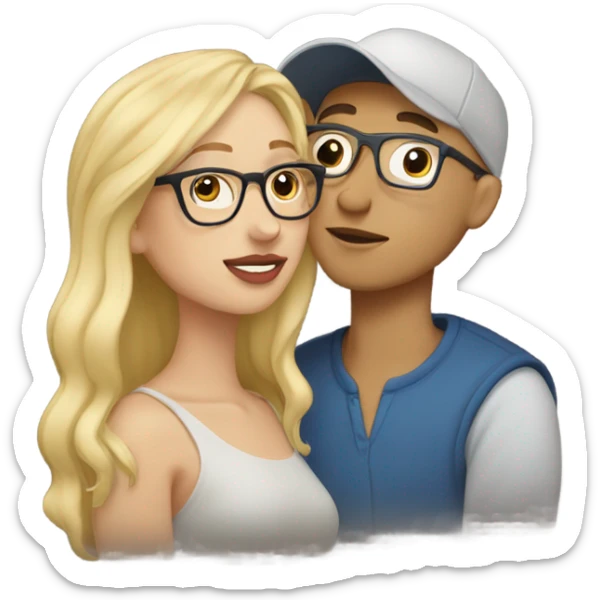 blonde woman with glasses and men with light skin and cap kissing sticker