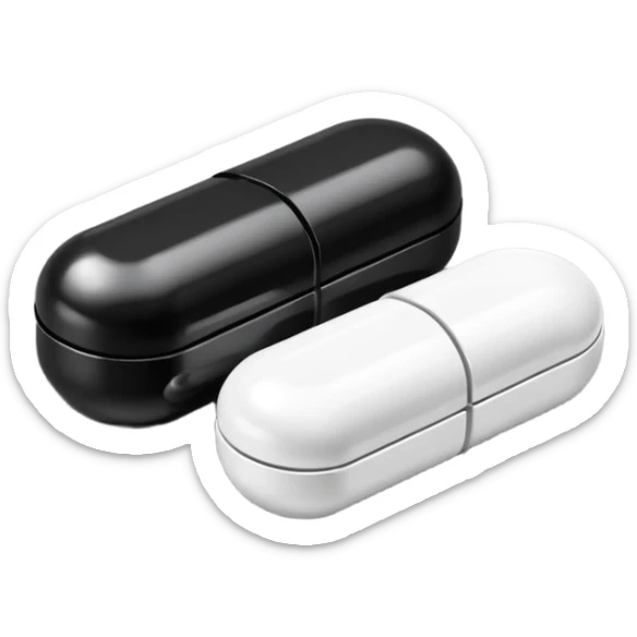 Minimalistic futuristic black medicine pills pack emoji, metallic black and white, reflective sleek surfaces, flat vector design, high-tech clean UI icon sticker