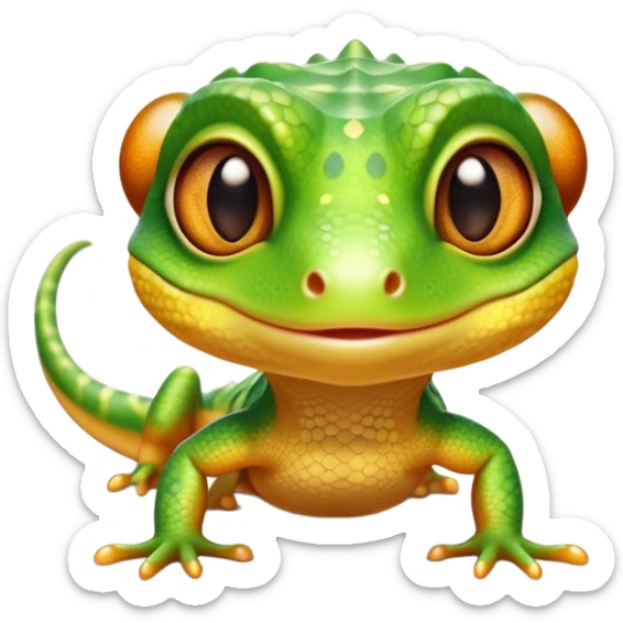cinematic-cute-realistic gecko-portrait-emoji,-head-tilted-playfully-and-inquisitively,-featuring-a-small,-charming-body-with-smooth,-vividly-patterned-scales,-bright,-sparkling-eyes-and-delicate,-sticky-toe-pads,-simplified-yet-irresistibly-adorable sticker