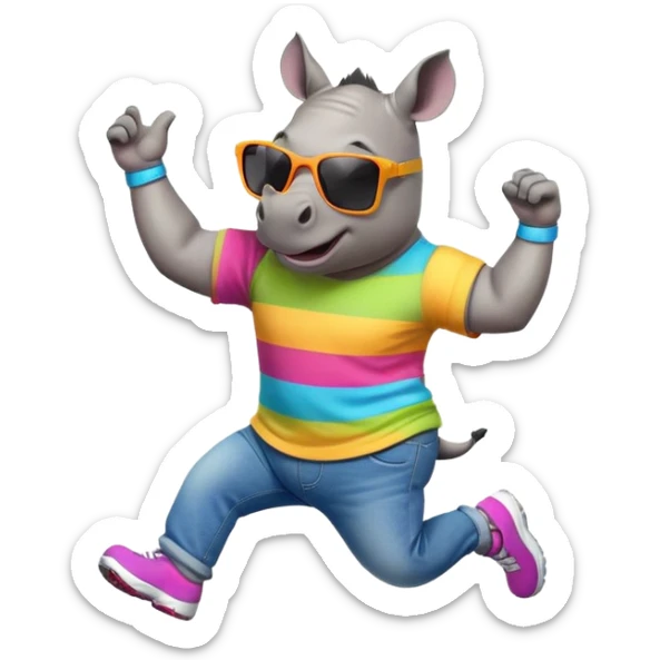 friendly anthropomorphised rhino in jeans and colourful t-shirt, wearing dark sunglasses, jogging upright, jumping with excitement, standard pose sticker