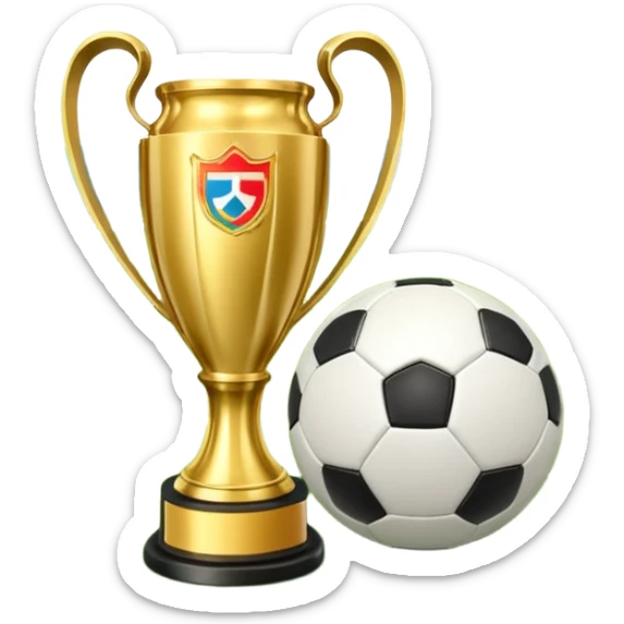 A football resting on the green grass of a soccer field, with goalposts and field markings in the background. In the foreground, the UEFA World Cup trophy gleams, symbolizing the pinnacle of football achievement, adding an element of prestige and competition to the scene. sticker
