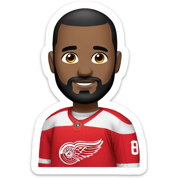 30 year old White bald man with black facial hair. Detroit red wings jersey  sticker