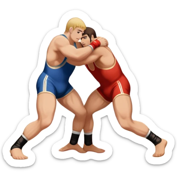 An icon showcasing two wrestlers engaged in a Greco-Roman wrestling match. The athletes are locked in a strong clinch, using their upper bodies to dominate. The background features a wrestling mat and traditional Greco-Roman elements. Transparent background. sticker